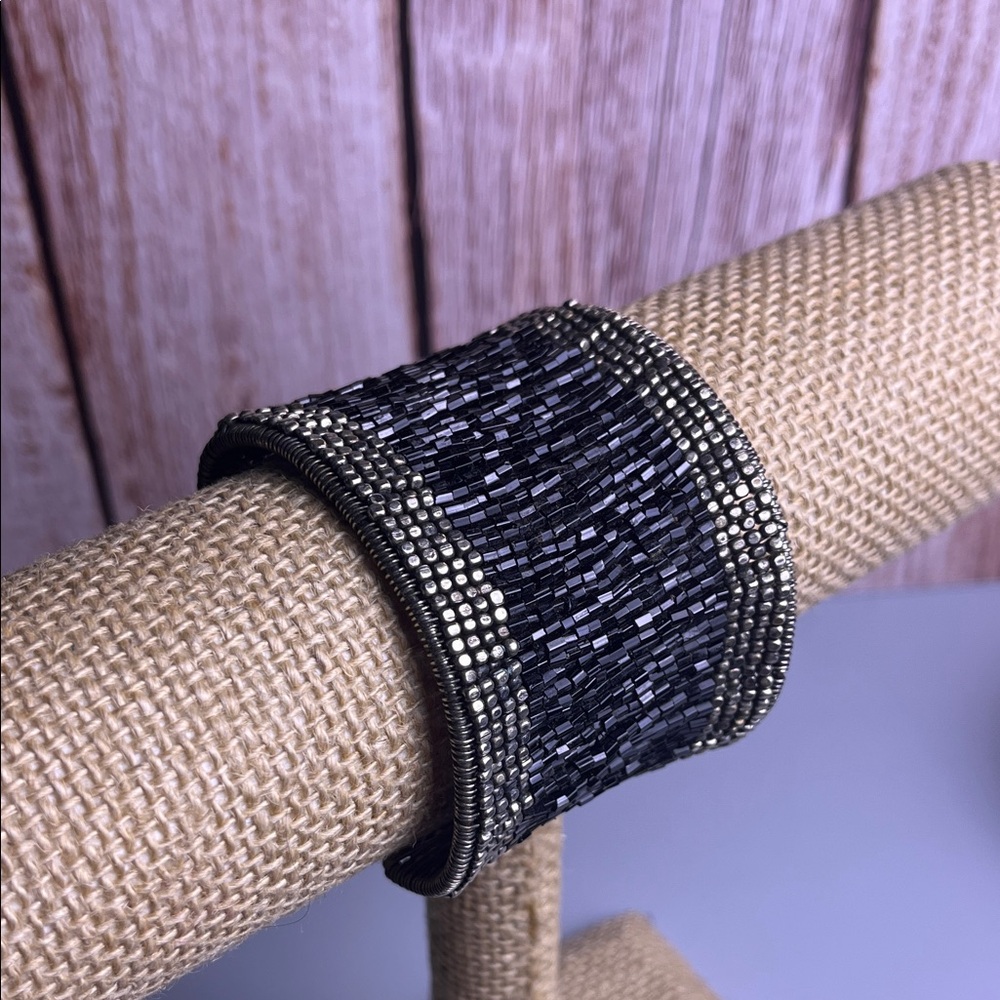 Black Beaded Wide Cuff Bracelet - Unbranded